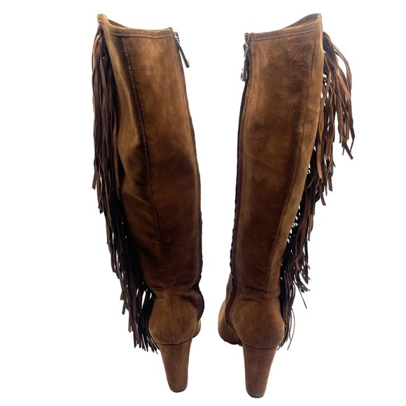 Lauren Ralph Lauren Camel Suede and Leather Fringe High Heel Boots Size 7 - Picture 7 of 11